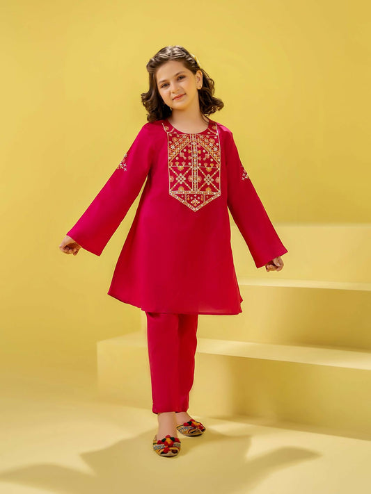 Red Velvour Girls Printed Co-ord Set-VG159