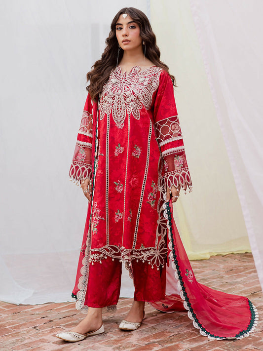 Three-piece unstitched dress set with printed and embroidered shirt featuring neckline, daman, and sleeve borders – embroidered chiffon dupatta – 2.65 yards – printed trouser – 2.65 yards.