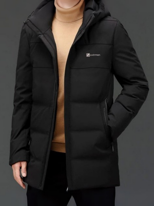 Thick and warm high-density padded jacket made of water-resistant coated polyester with windproof features, quilted 3-layer fabric, ribbed cuffs, double-layer hood with draw cord, zip flaps, hand warmer pockets, and inner lining; imported from China.