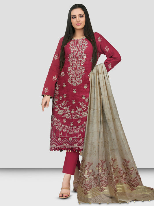 Embroidered shirt with plain trousers and a floral jacquard dupatta.