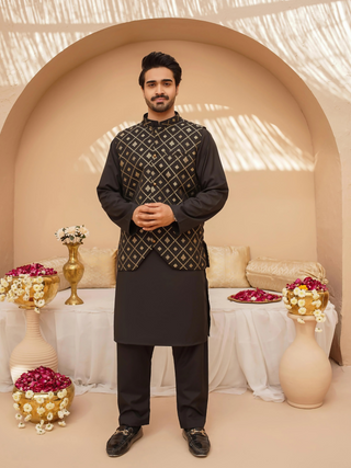 Kidoz Kloset Rang Rasiya Wash & Wear Printed Kurta Pajama Midnight Luxe Men