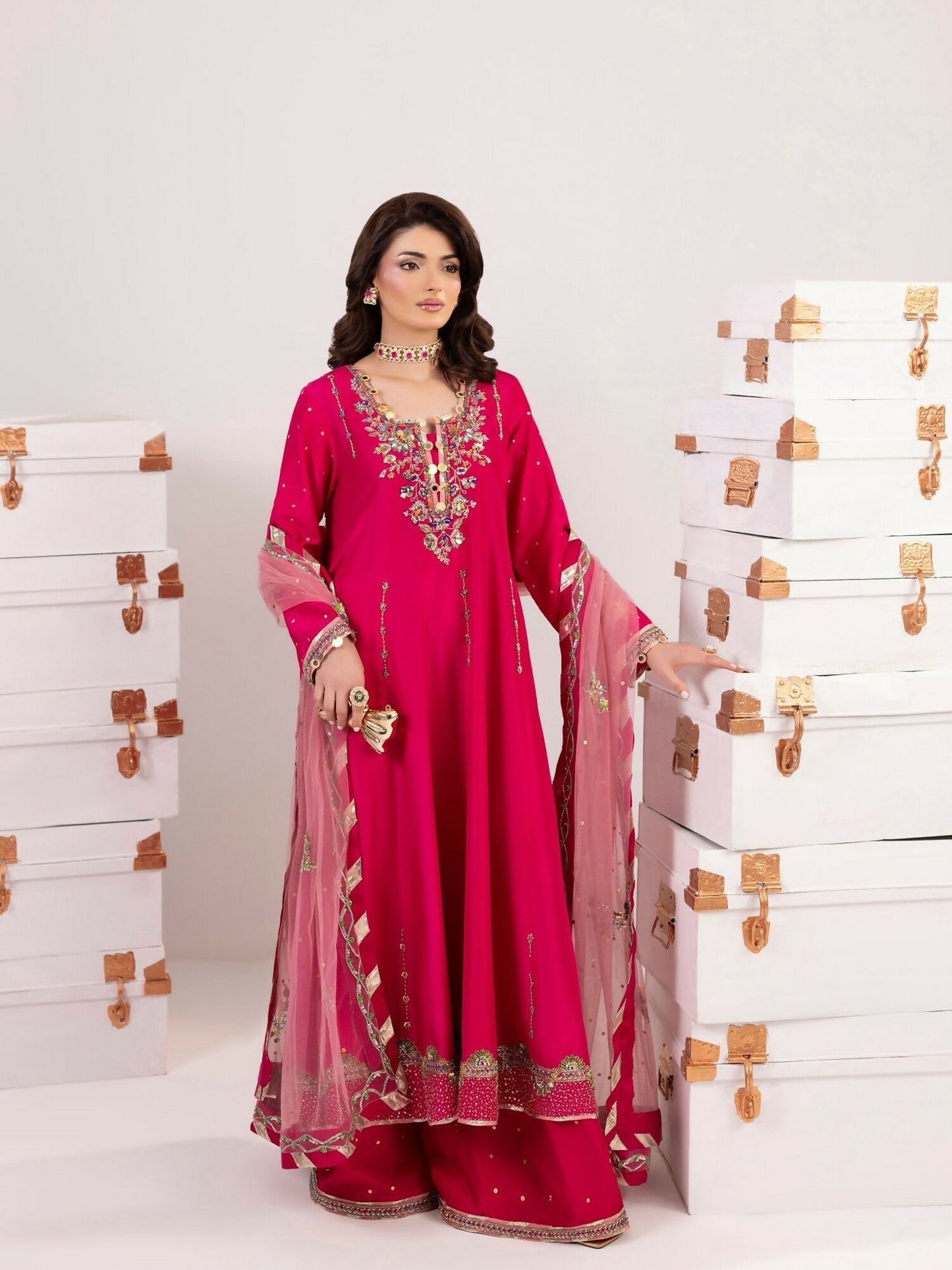 Shurooq Echoes In Bloom Silk Embellished Stitched 3-Piece Suit-Fuschia Flame