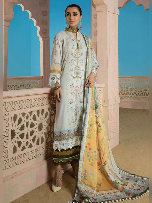 Soft Grey and Mustard Yellow Wardha Saleem Summer Collection Lawn Embroidered Unstitched 3-Piece Suit-D-07 Gulmohar