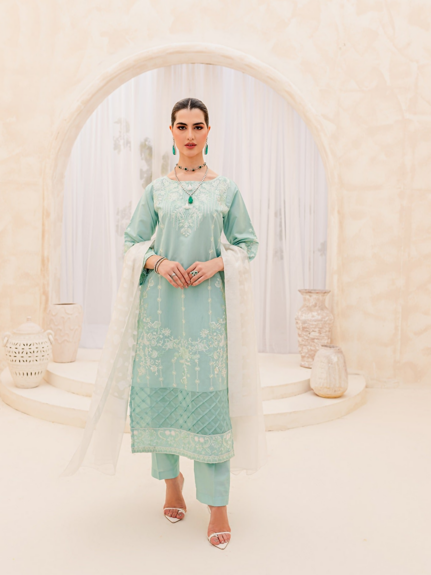Panache Apparel Chambray Katan Embroidered Stitched Suit-Sky