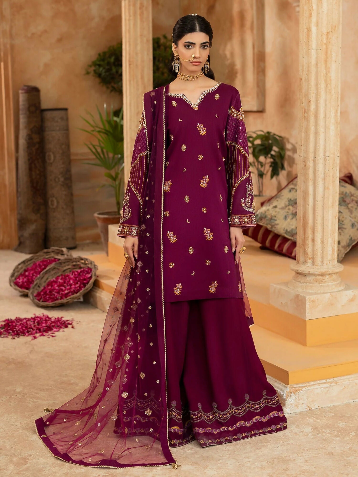 Shurooq Kanpur 1912 Silk Embellished Stitched 3-Piece Suit-Nehel
