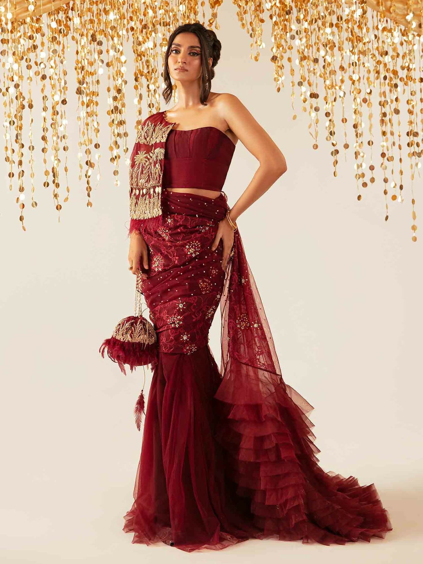 Shiza Hassan Aurora Formals Net Embellished Saree-Magma