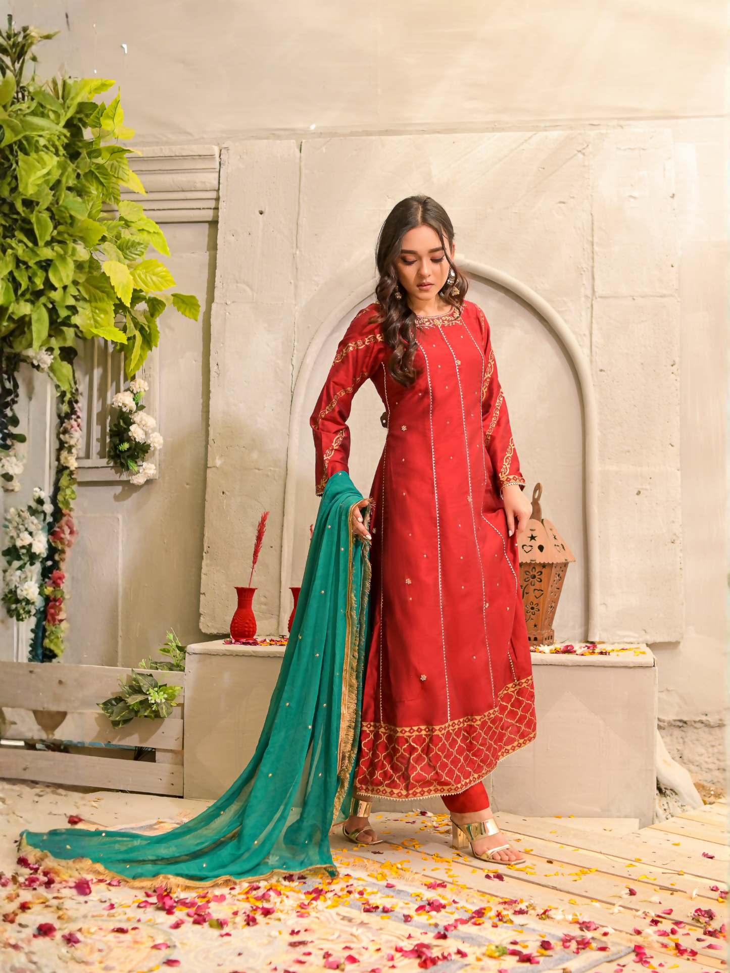 Ruby's Couture Poshak Silk Embellished Stitched 3-Piece Suit-Maharani