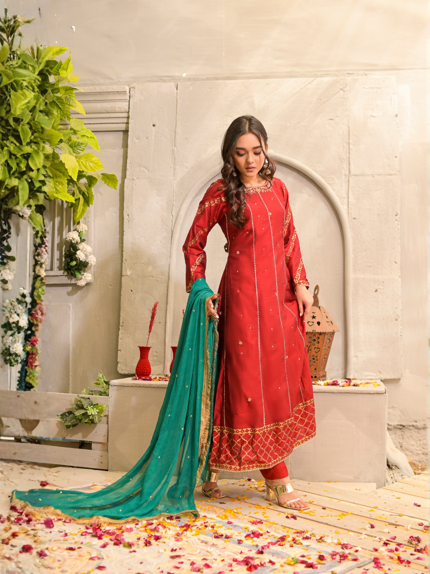 Ruby's Couture Poshak Silk Embellished Stitched 3-Piece Suit-Maharani