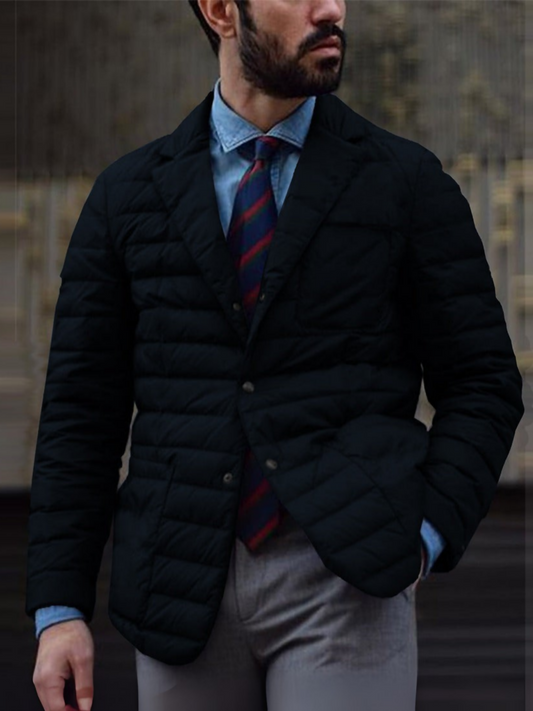 **Image ALT text:** Men's quilted puffer coat with blazer-style design, button-front closure, lapel collar, and tailored fit—ideal for business or smart-casual winter wear.