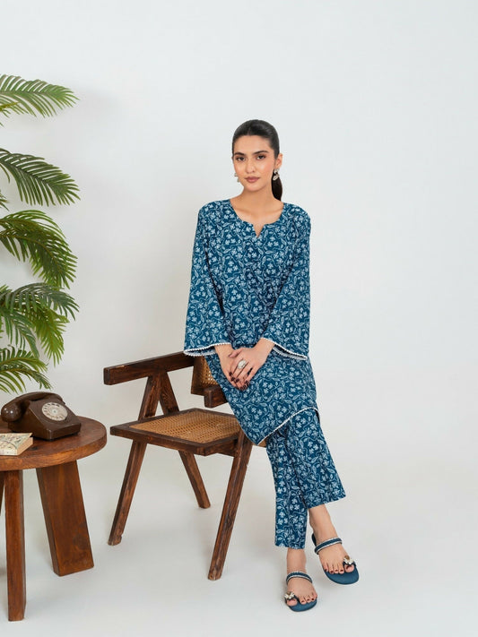 Stylish Collection Enchant Pret Linen Printed Co-Ord Set-Leaf Teal