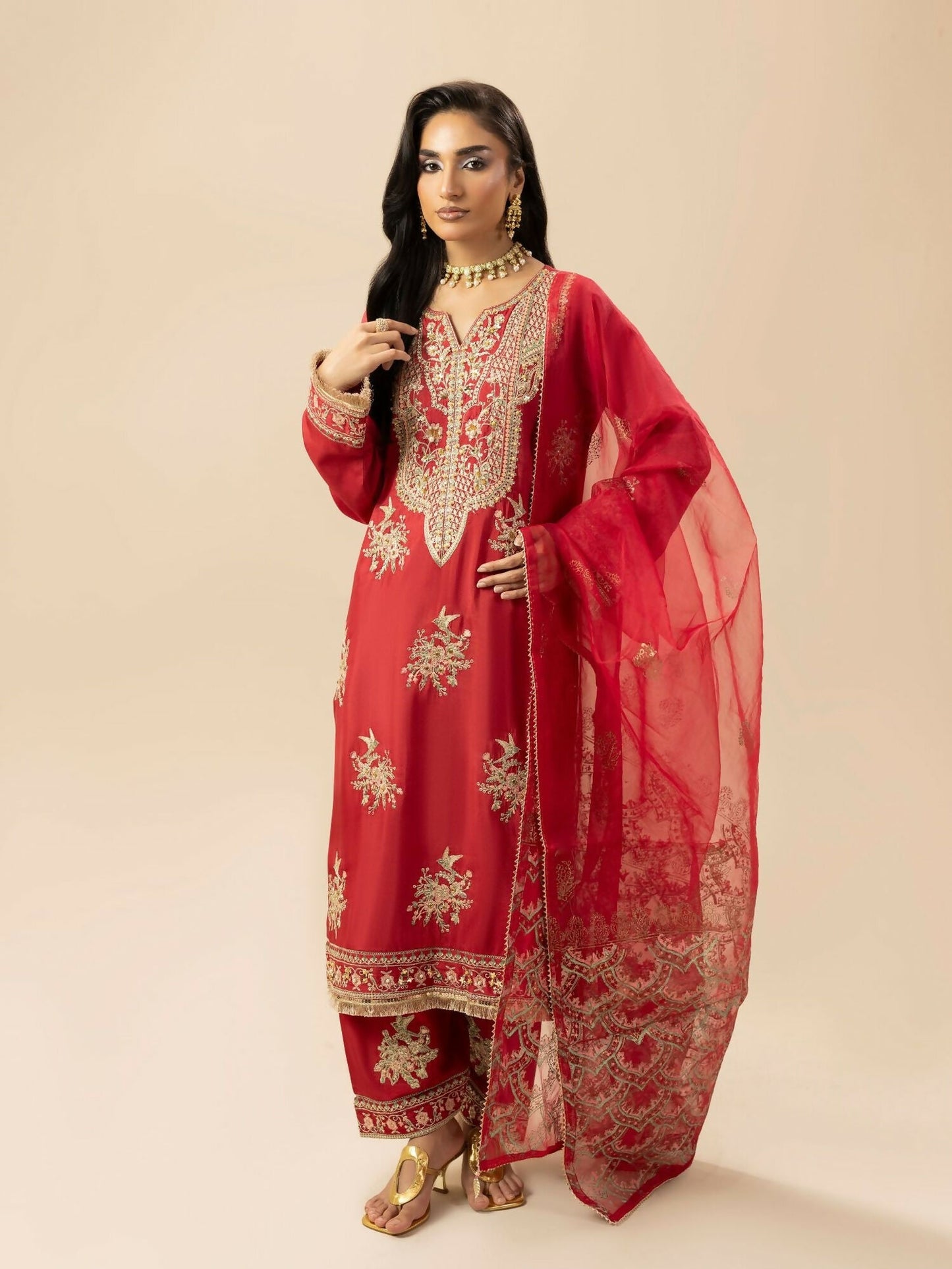 Shurooq Garden Of Dreams Silk Embellished Stitched 3-Piece Suit-Crimson