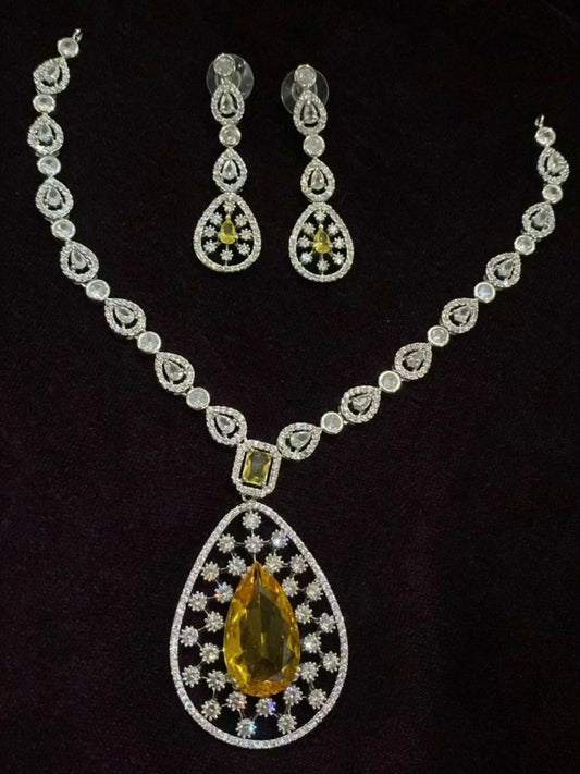 Noor Bilal one carat zircon necklace set with shimmering stones and matching earrings