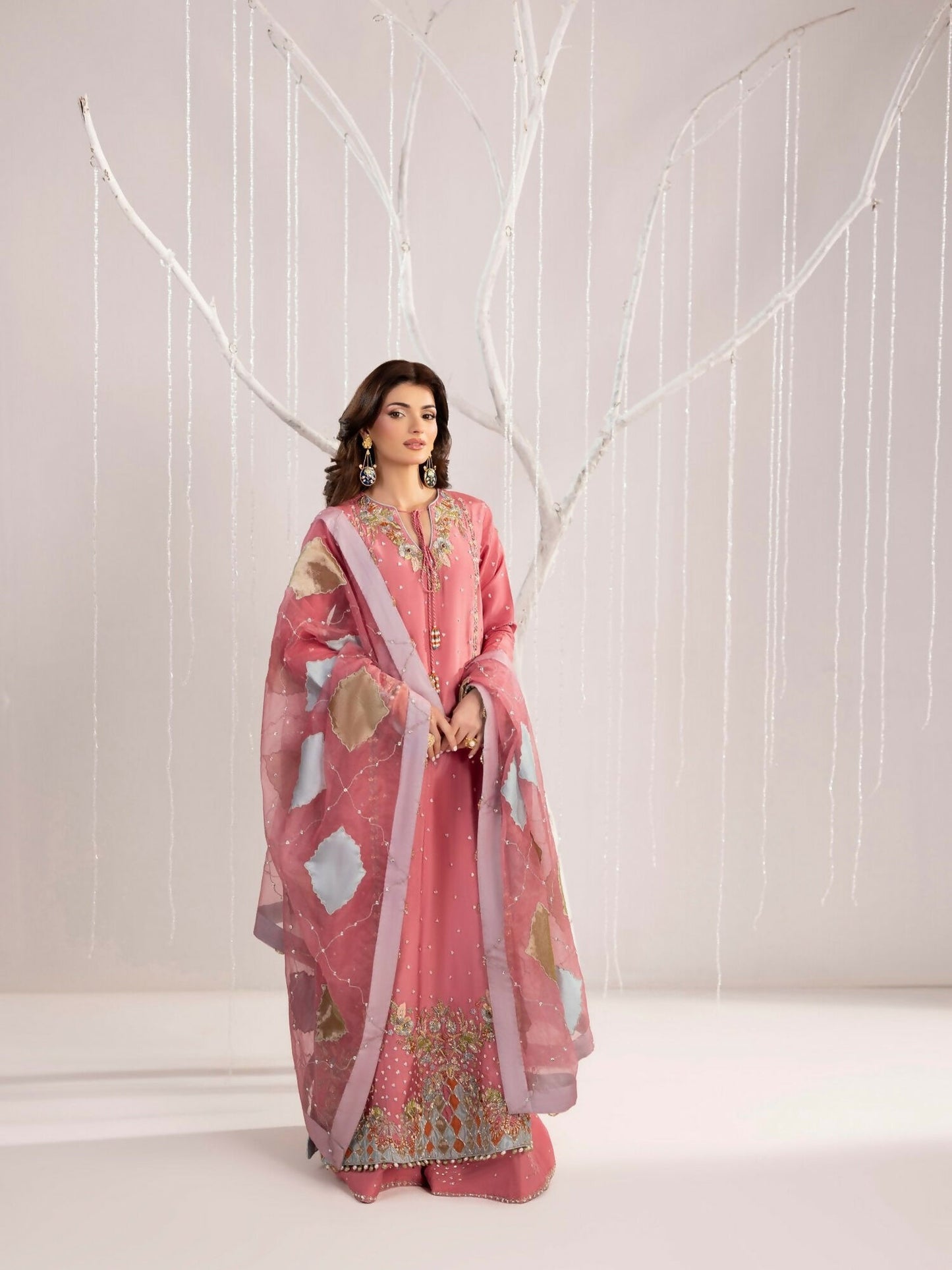 Shurooq Echoes In Bloom Silk Embellished Stitched 3-Piece Suit-Rose Mist