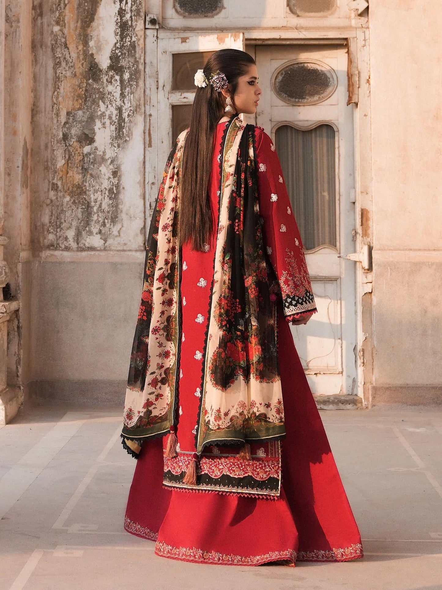 Red Hussain Rehar Barmala Pret'26 Embroidered 3-Piece Suit-Surkh-e-Laleh