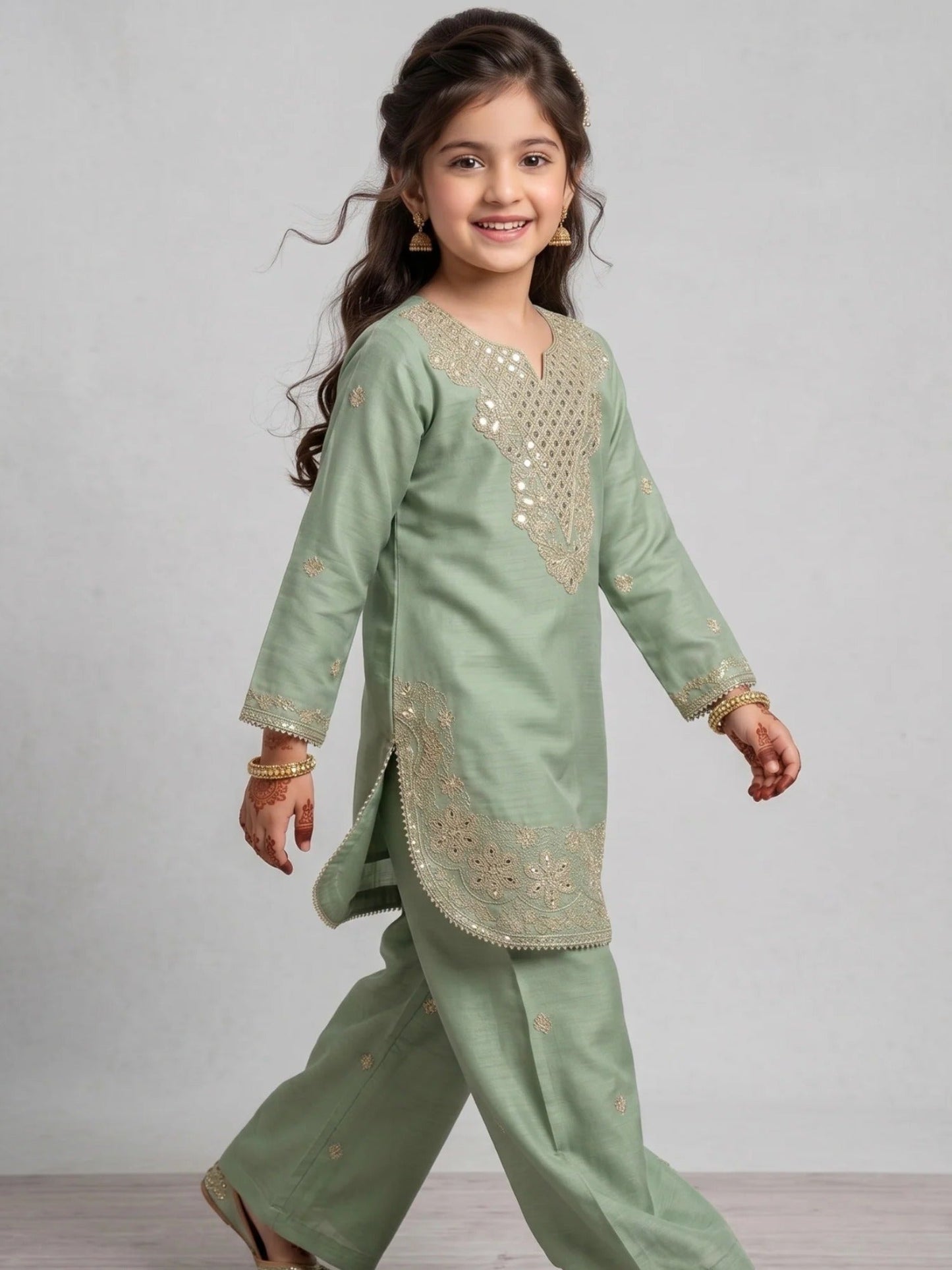 Green Lumira Cotton Embroidered Stitched 2-Piece Suit-Green