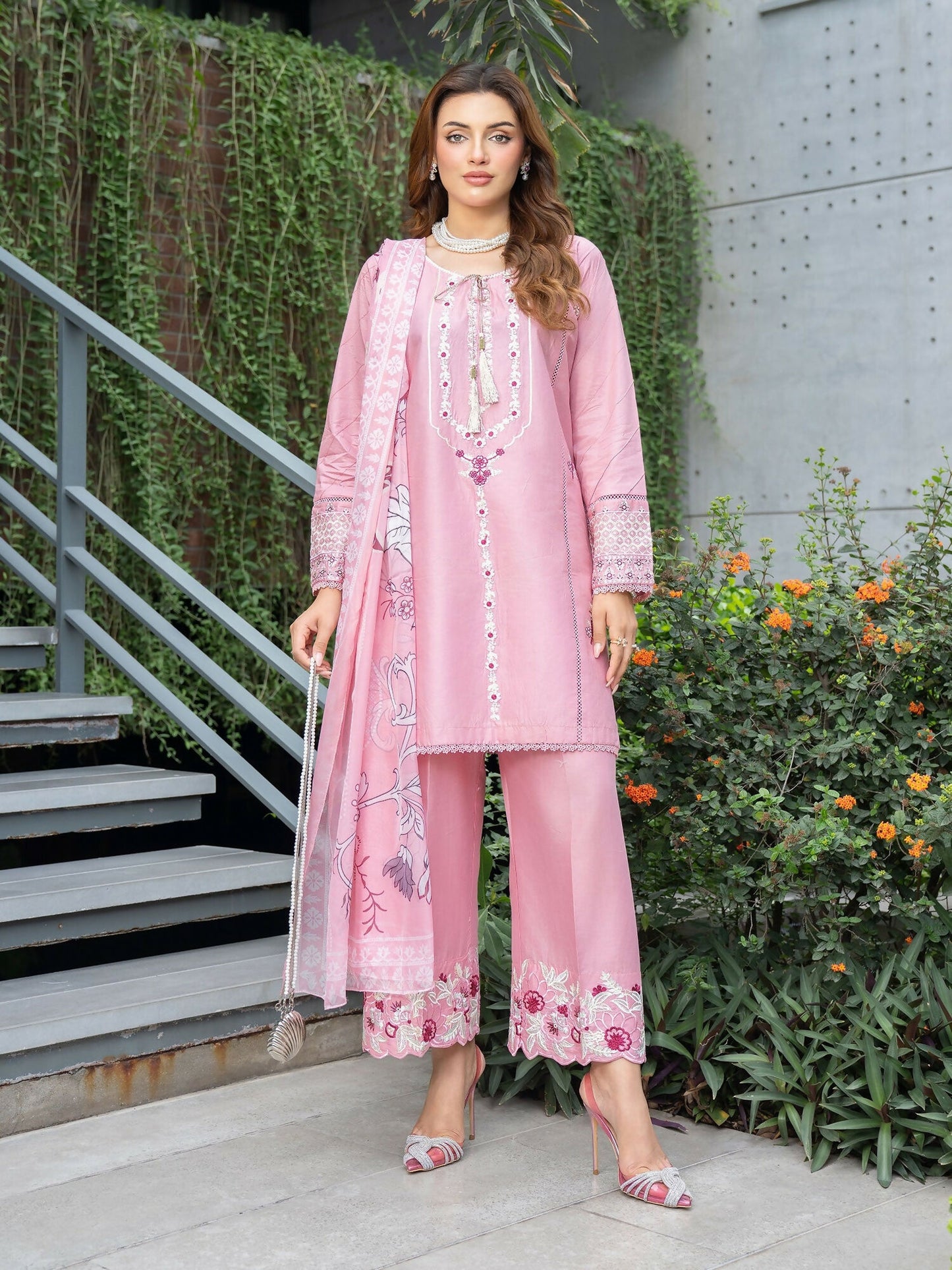 Panache Apparel Solid Story Cotton Lawn Embroidered Stitched Suit-Rosewood