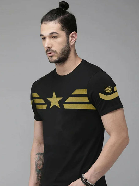 Black ,Yellow, Red, Maroon, Blue ,Grey, Green Jupiter Printed Gold Star Shield Tee-Shirt-12434