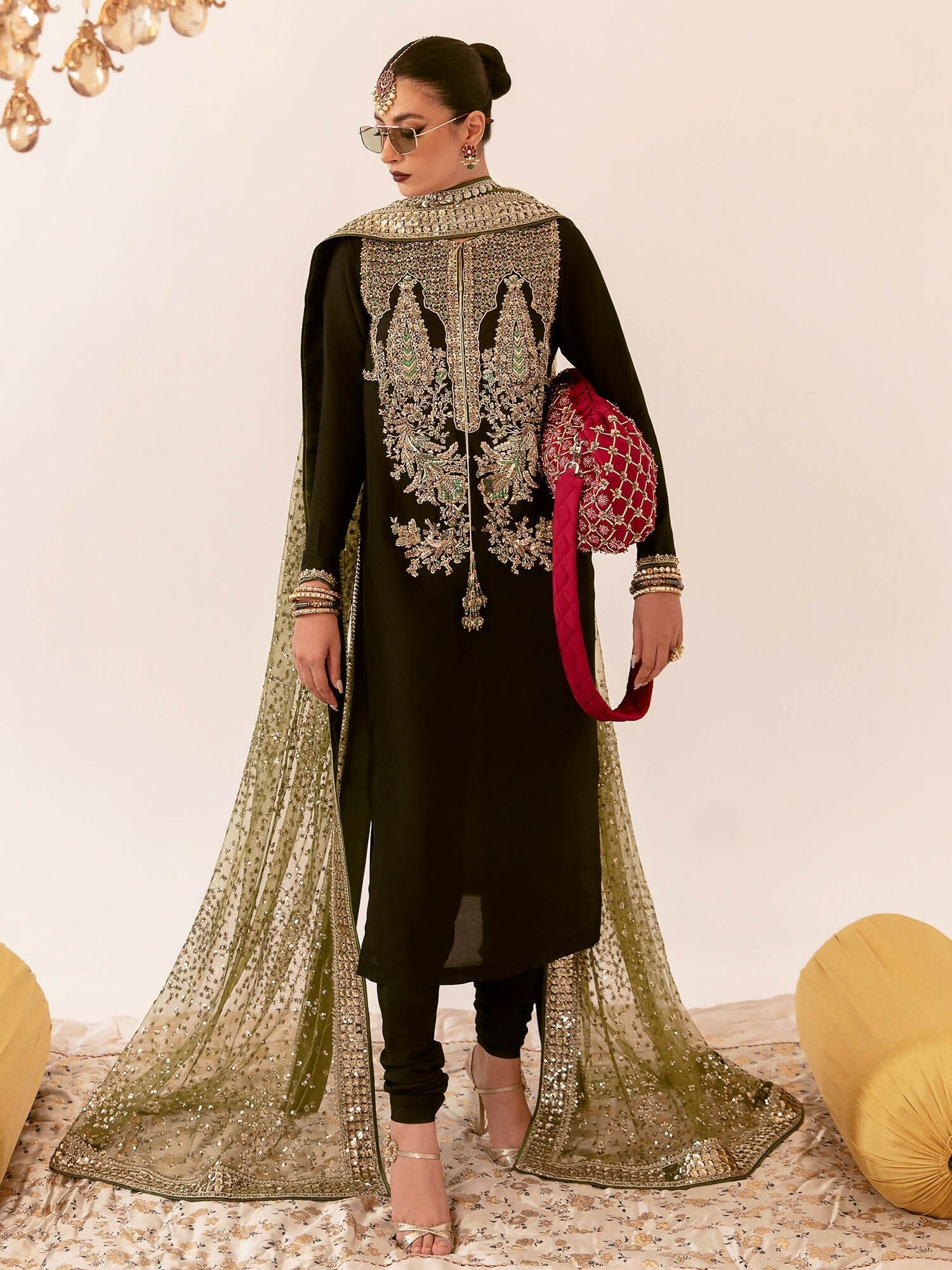 Hussain Rehar black raw silk embroidered shirt with chooridaar and green net dupatta
