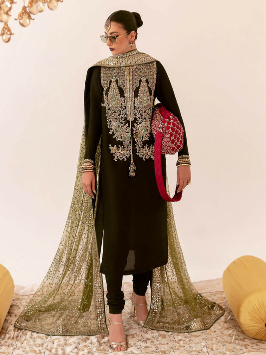 Hussain Rehar black raw silk embroidered shirt with chooridaar and green net dupatta