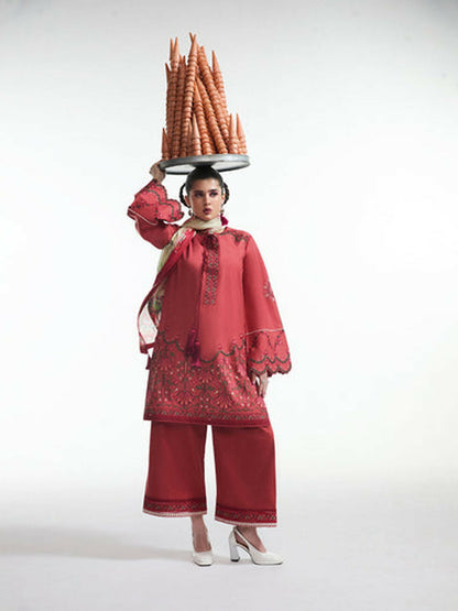 Carrot Red Jugnu Lahore Luxury Cotton Embroidered Stitched 2-Piece Suit-Diya