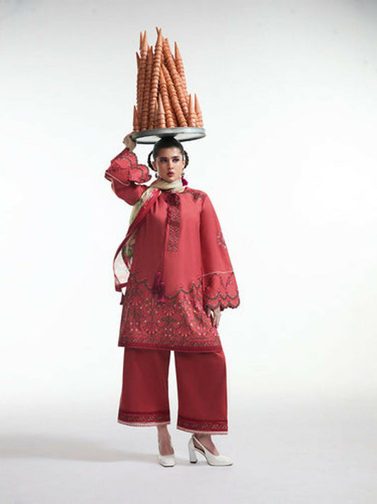 Carrot Red Jugnu Lahore Luxury Cotton Embroidered Stitched 2-Piece Suit-Diya