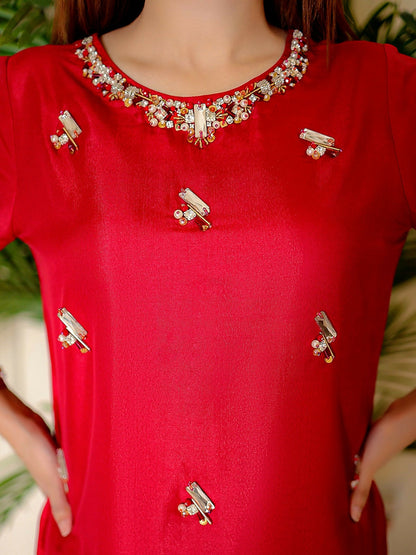 Allure By IH Raw Silk Embellished Stitched 3-Piece Suit-Rosa