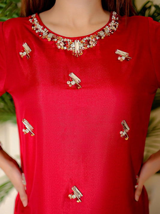 Allure By IH Raw Silk Embellished Stitched 3-Piece Suit-Rosa