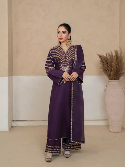 Stylish Collection Royal Pret Linen Embroidered Stitched 3-Piece Suit-Jazmine Purple