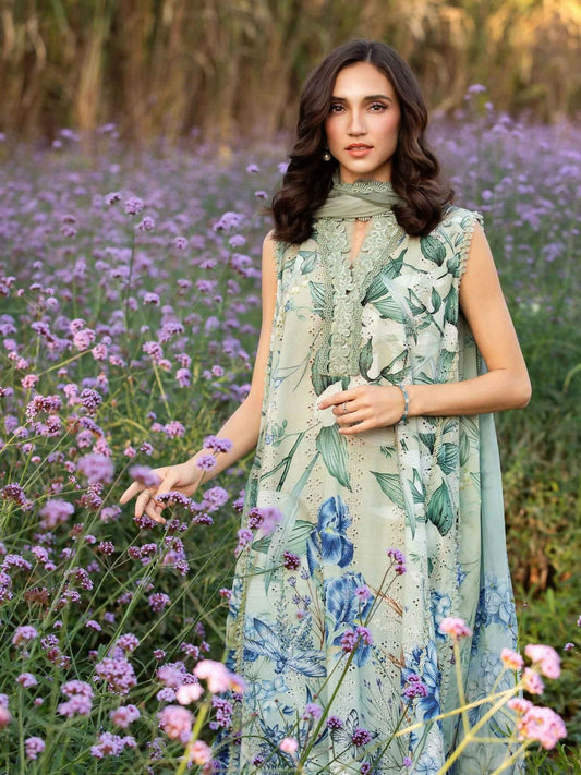 Maria.B mint green printed lawn outfit with embroidered front and organza embroidered patti.