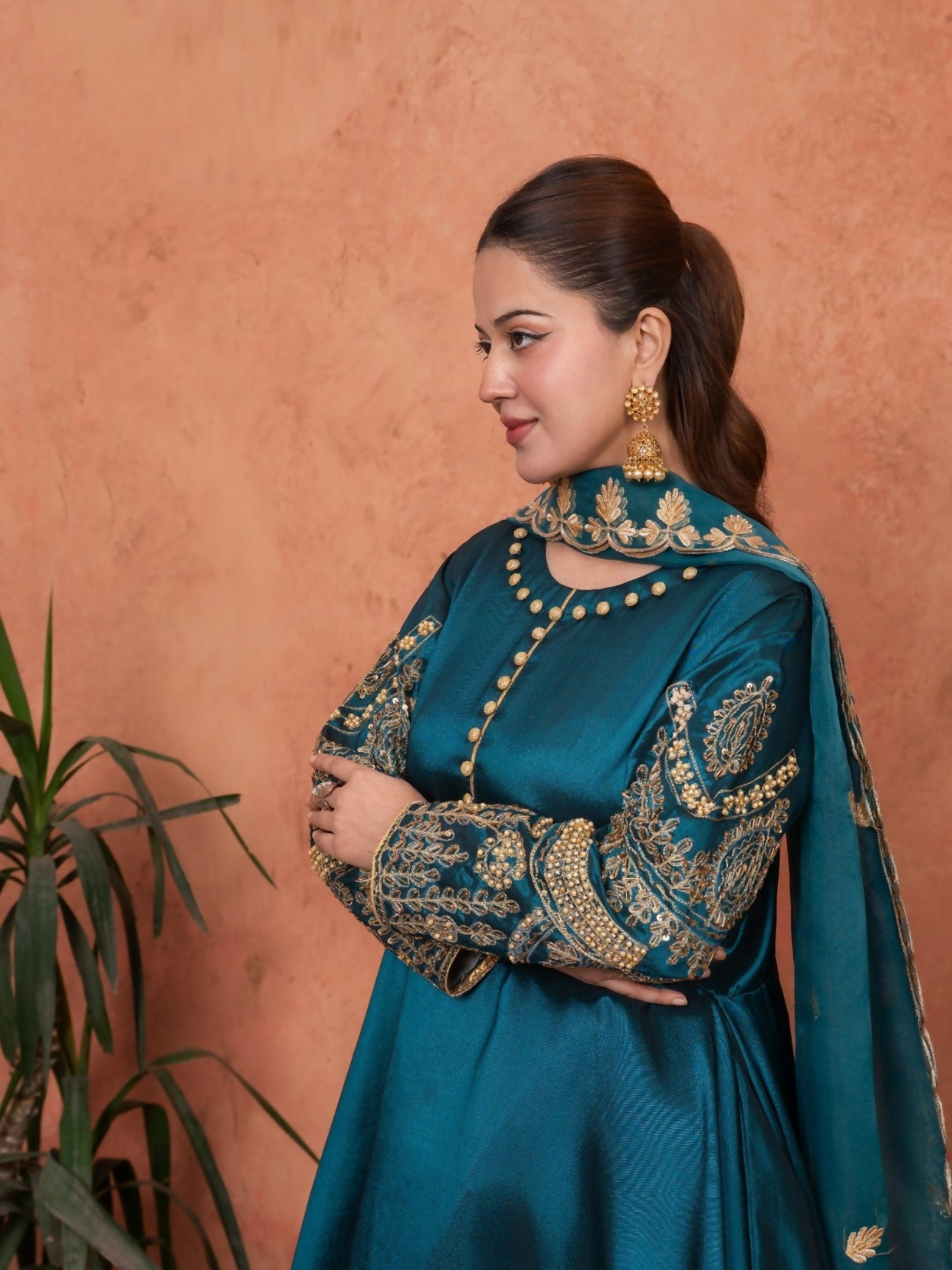 Stylish Collection Majeste Silk Embroidered Maxi-Zuri Teal