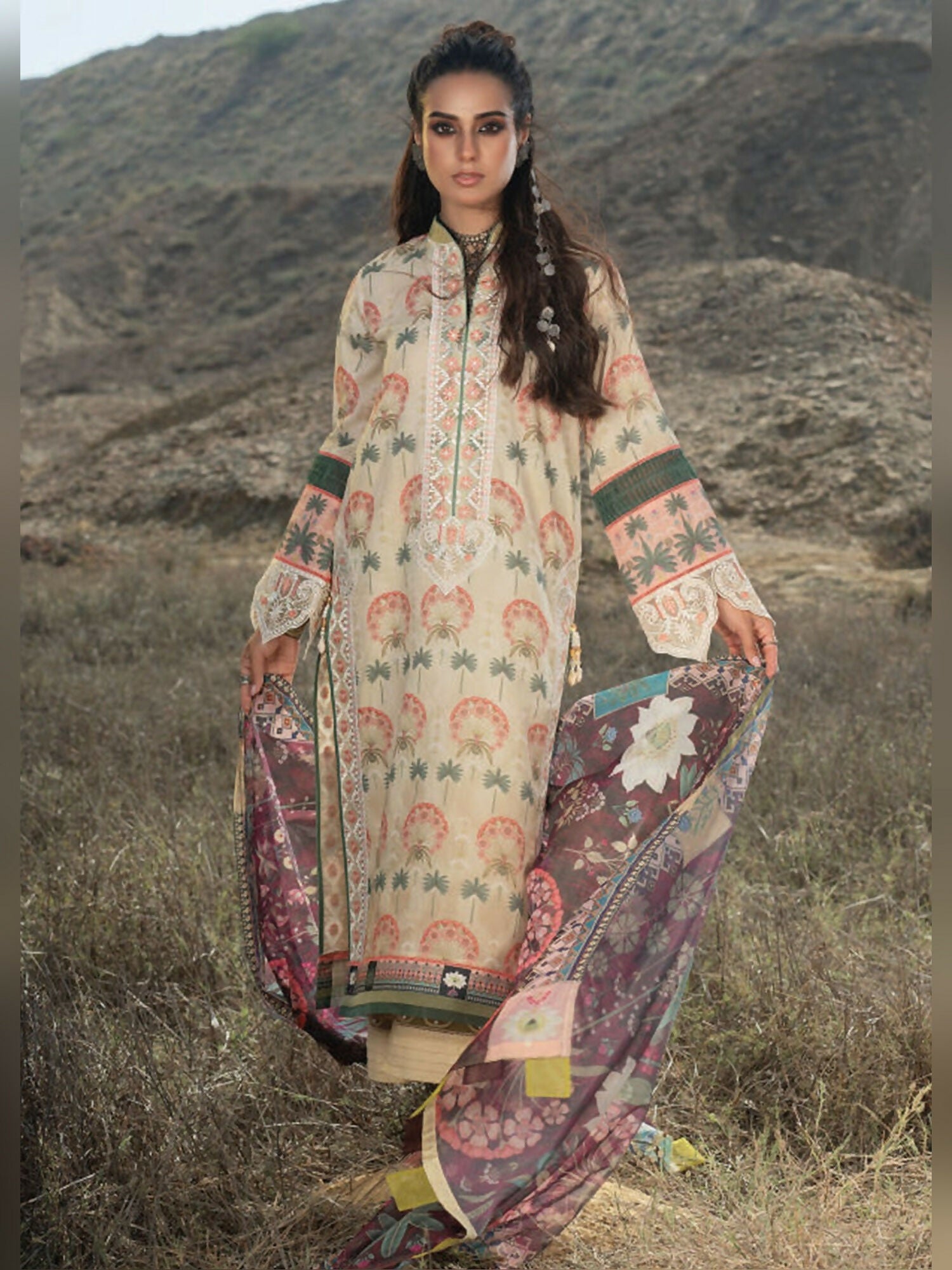 Beige Wardha Saleem Summer Collection Lawn Embroidered Unstitched 3-Piece Suit-D-04 Zimal