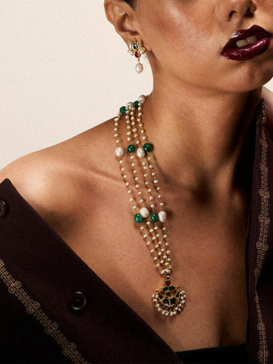 Jugnu by Hussain Rehar Floral Grace necklace with green beads, pearls, gold-tone accents, and detailed floral motif, delicate timeless accessory.