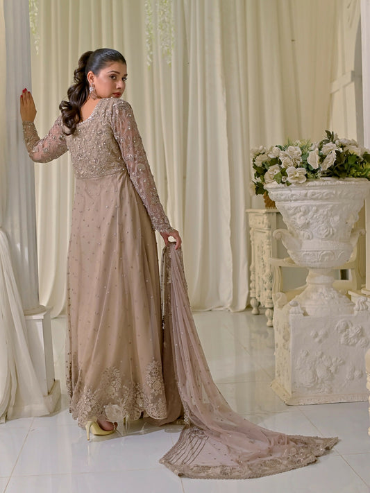 Farooq Hameed Studio Net Embroidered Stitched 3-Piece Suit-Oud-Majestic