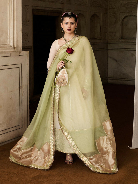 Hussain Rehar Festive Pret’25 ivory chanderi pishwas with churidar and pistachio green embroidered organza dupatta, stitched 3-piece suit.