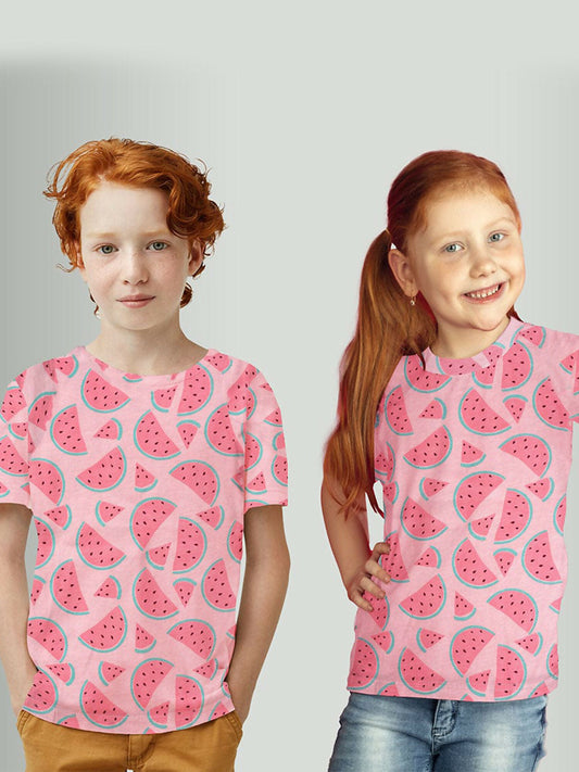 Kids all-over printed cotton tee shirt with crew neck and short sleeves, made from soft and breathable single jersey fabric.