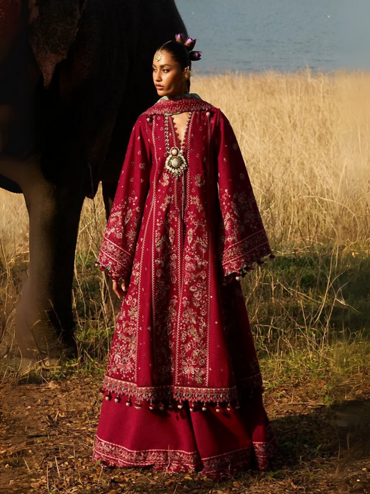 Maroon Hussain Rehar Luxury Lawn Embroidered Unstitched 3-Piece Suit-Mahogany