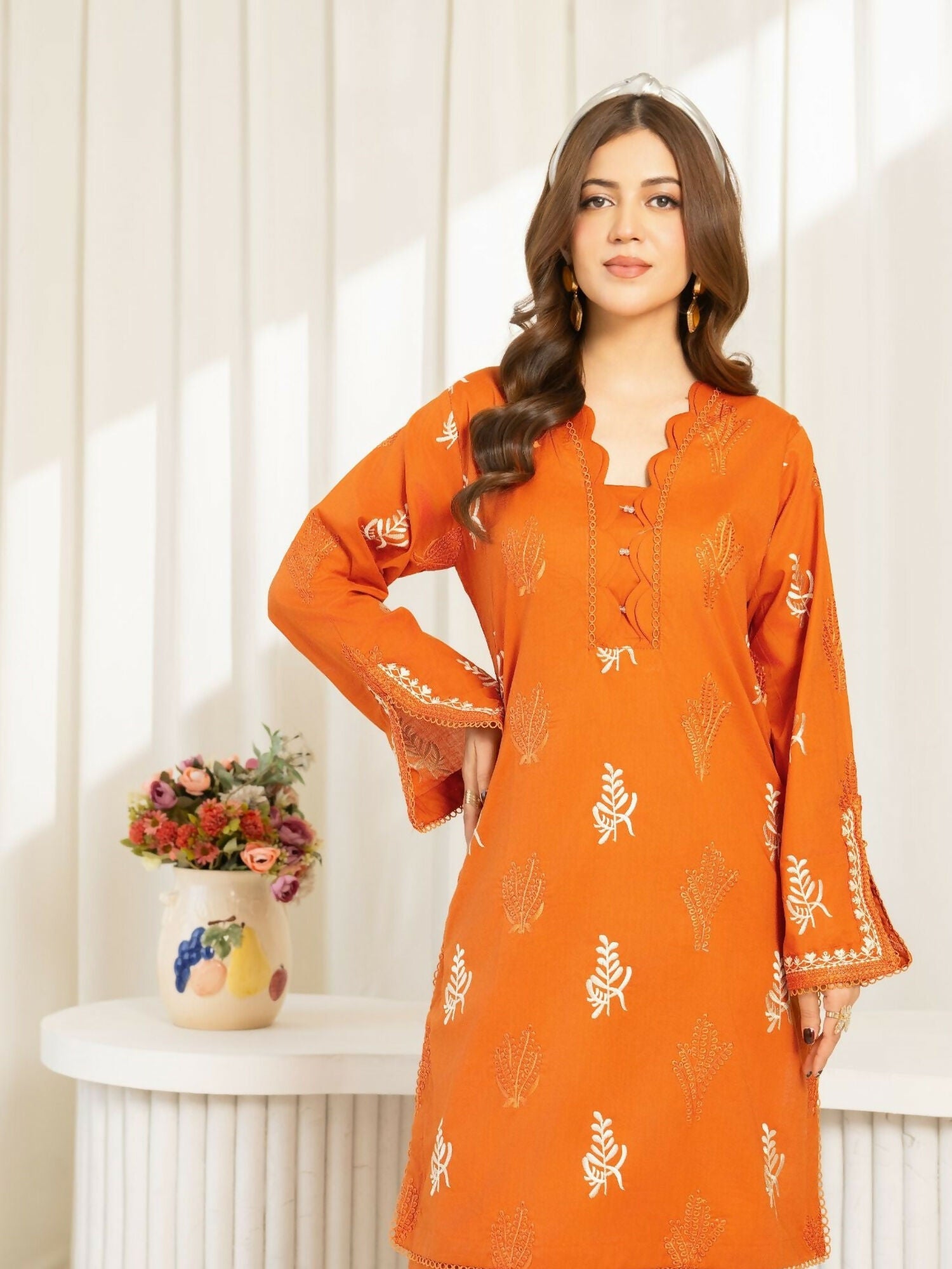 Panache Apparel Sunlit Essentials Cotton Lawn Embroidered Stitched Suit-Rust