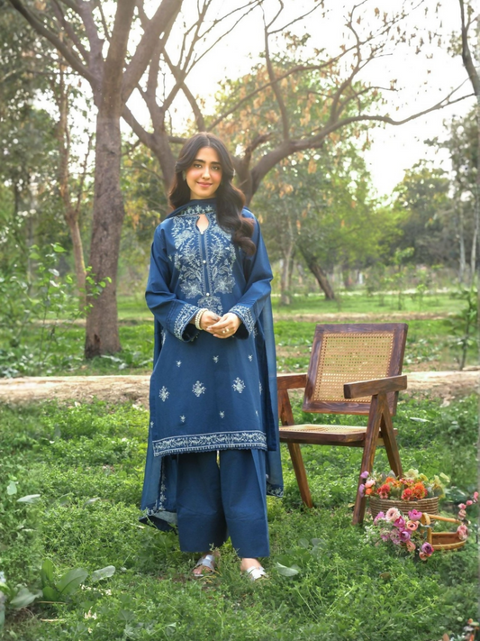 Panache Apparel Linen Embroidered Stitched 3-Piece Suit-Serenade