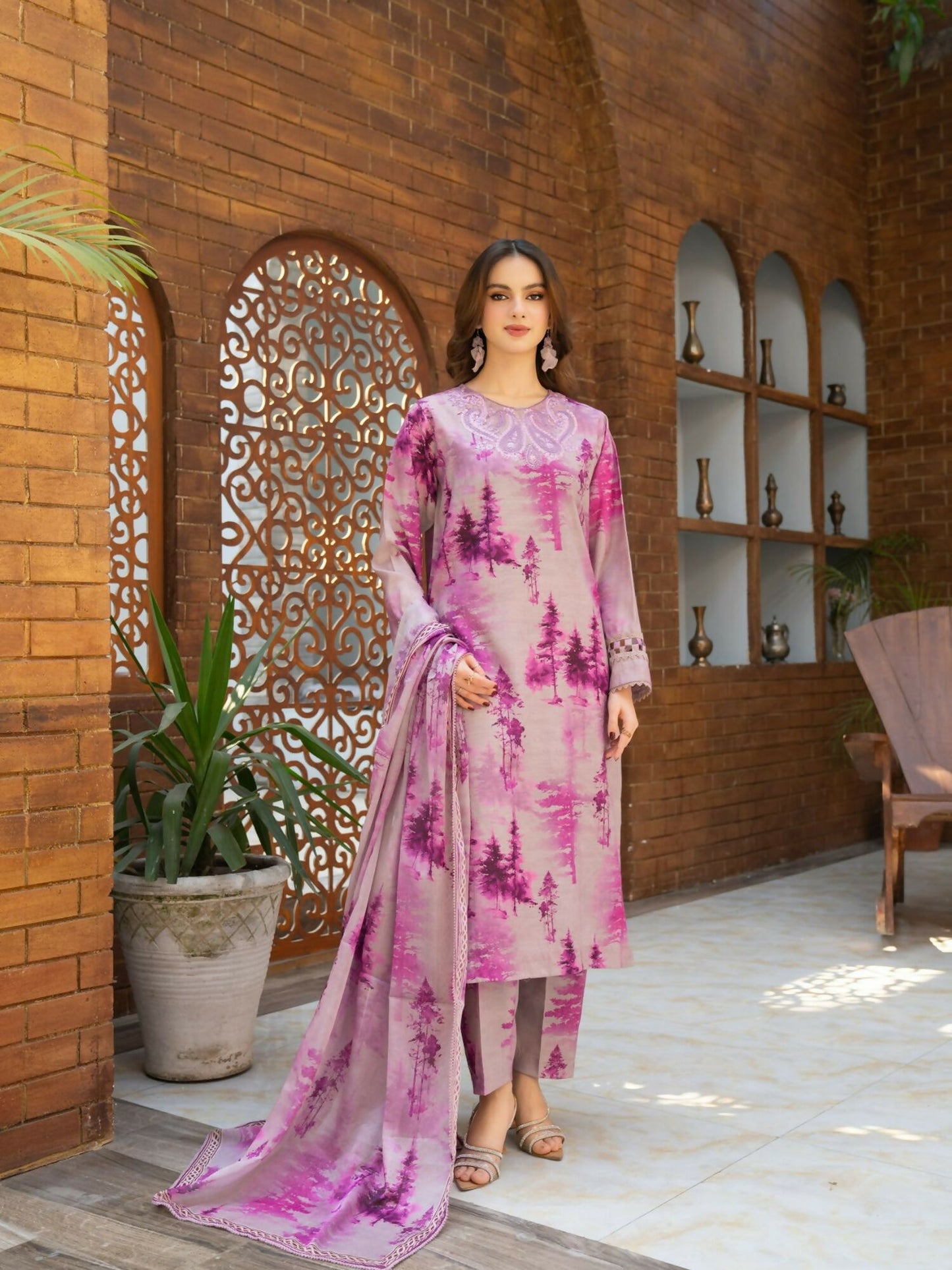 Panache Apparel Cambric Lawn Printed Stitched Suit-Haze