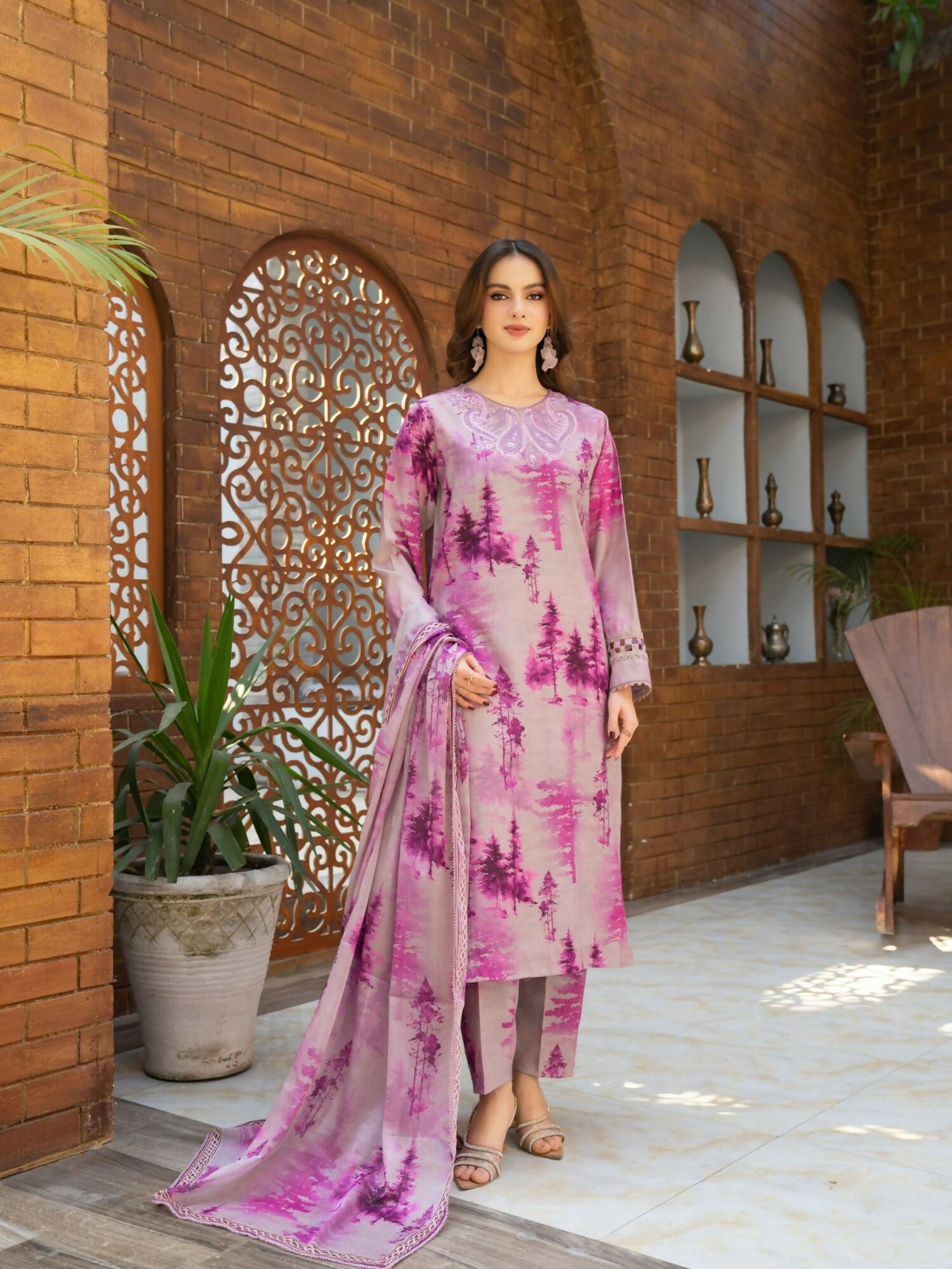 Panache Apparel Cambric Lawn Printed Stitched Suit-Haze