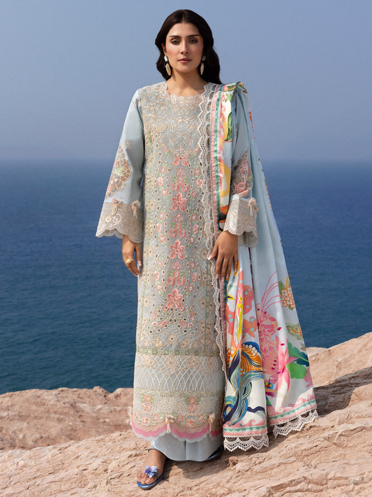 Unstitched 3-piece embroidered suit with lawn shirt, Monark dupatta, dyed trouser, and lining fabric.
