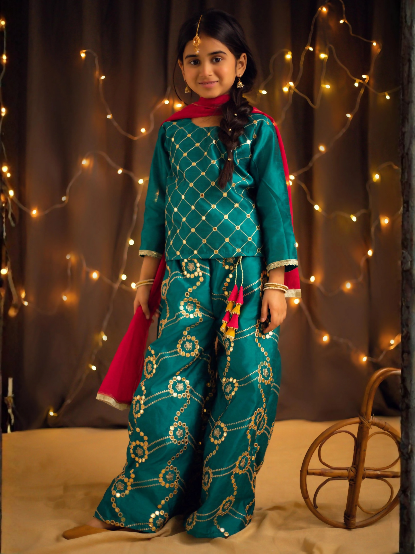 Kidoz Kloset Raw Silk Embroidered Stitched 3-Piece Suit-Dazzling Delight-Teal Embroidered Palazzo Set