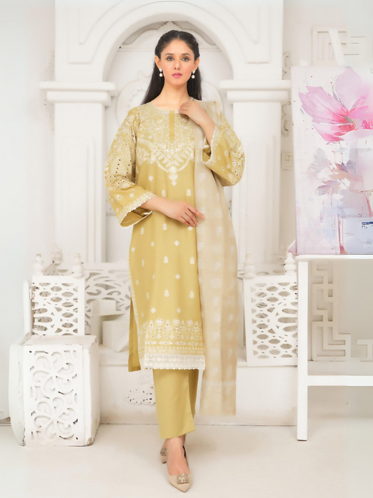 Woman wearing stitched 3-piece suit with intricate embroidery on straight-cut shirt, embroidered neckline and sleeves, elegantly printed dupatta, and matching straight trouser.