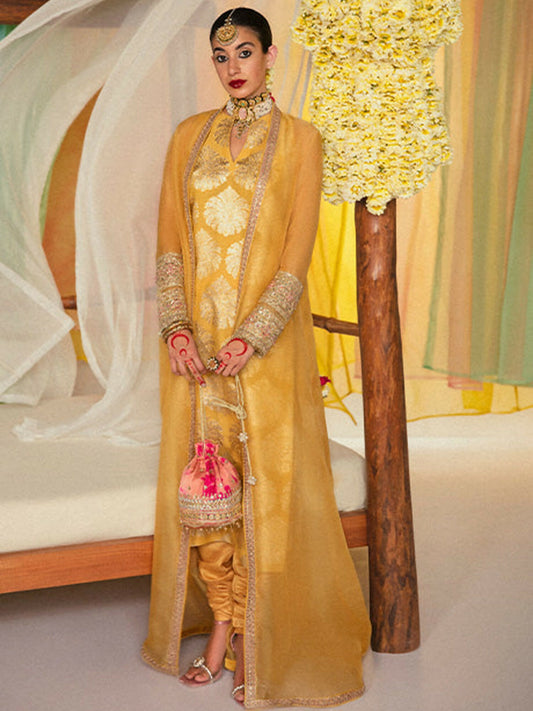 Hussain Rehar – Lime Yellow Chanderi Silk Halter-Neck Shirt with Embellished Organza Jacket and Raw Silk Chooridar