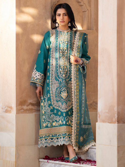 Embroidered lawn shirt with organza details, embroidered net dupatta, and dyed cotton trouser.