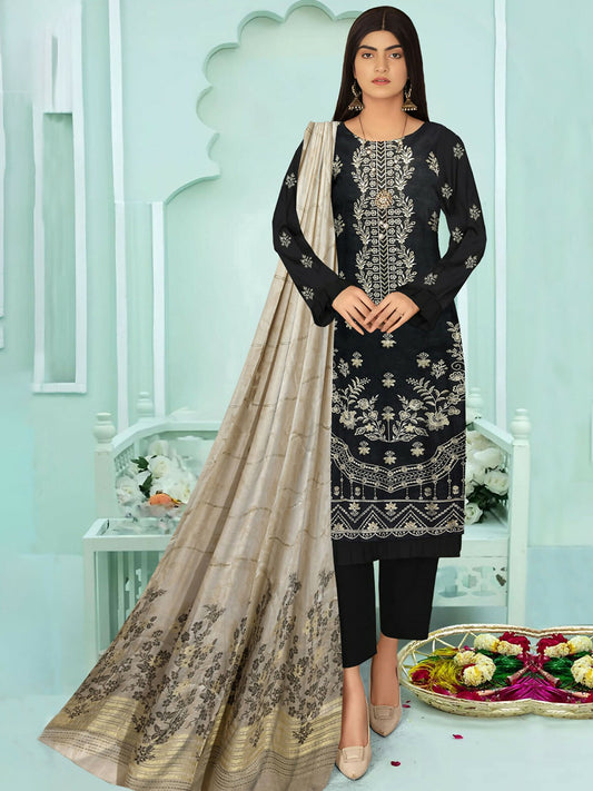 Embroidered shirt with plain trousers and a floral jacquard dupatta.
