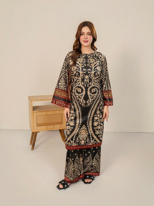 Stylish Collection Velvet Vogue Printed Co-Ord Set-Black Bloom