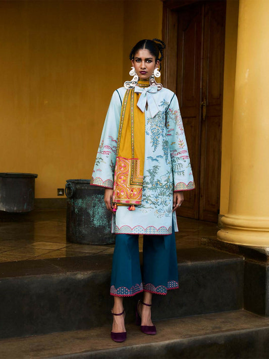 Jeena by Hussain Rehar cotton scarf, featuring traditional multicolor embroidery and playful tassels. A refined accessory that blends artisanal craftsmanship with contemporary elegance