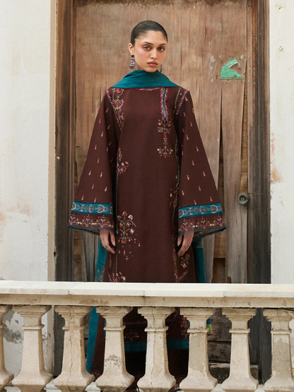 Hussain Rehar Khaddar'25 Embroidered Stitched 3-Piece Suit-Mocha