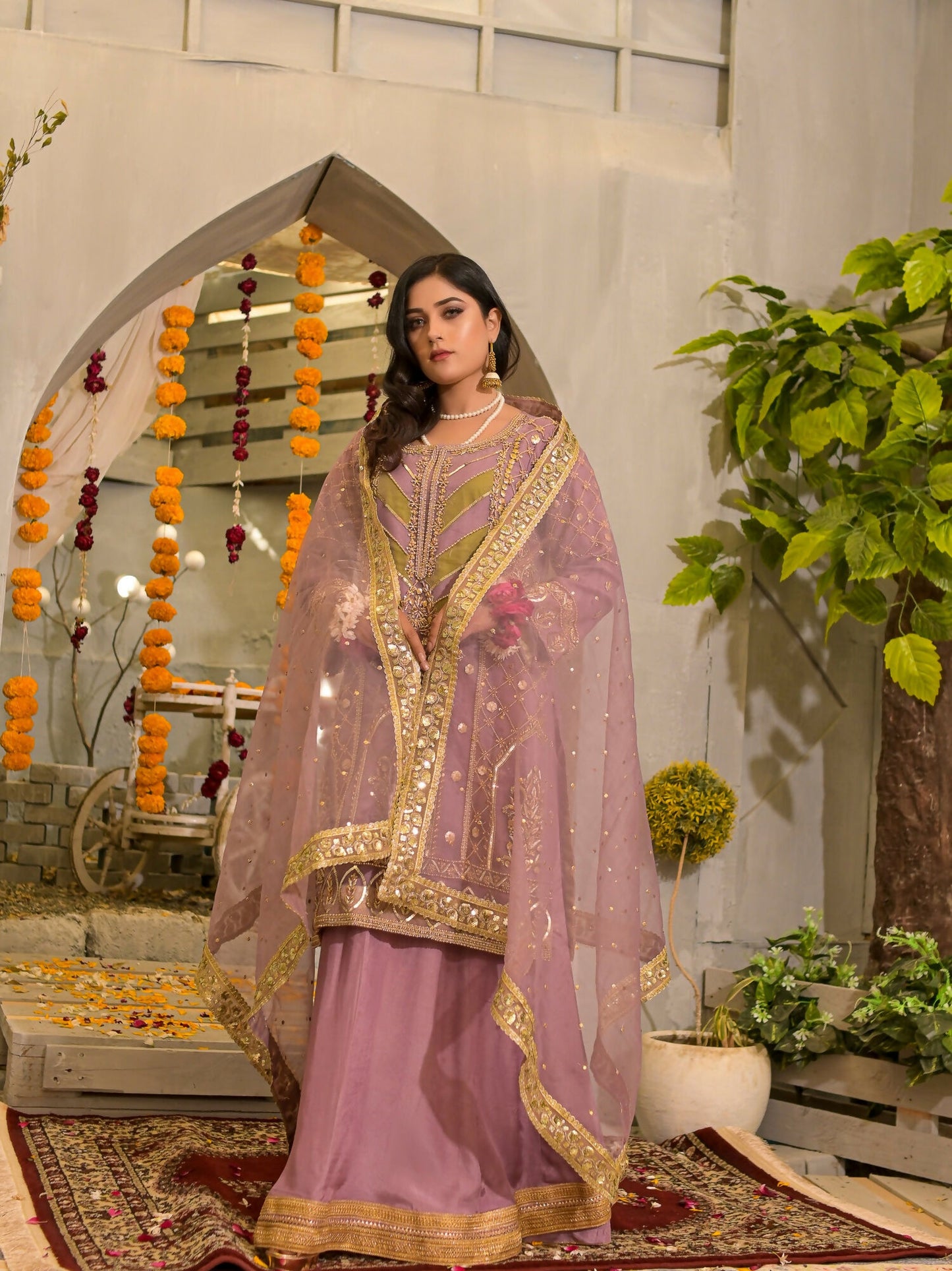 Ruby's Couture Poshak Plain Organza Embellished Lehenga-Mayal